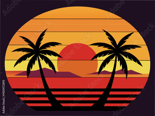 retro sunset beach palm trees vector illustration black background