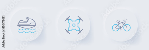 Set line Bicycle, Drone flying and Jet ski icon. Vector