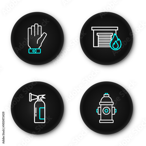 Set line Fire hydrant, extinguisher, burning garage and Firefighter gloves icon. Vector