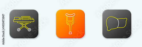 Set line Stretcher, Crutch or crutches and Human organ liver icon. Vector