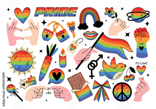 Set of colorful gender stickers in retro cartoon style. Flat vector illustration, symbol, icon. LGBTQI pride month celebration, tolerance, June, orientation, gender, rainbow, equality, gay, lesbian.