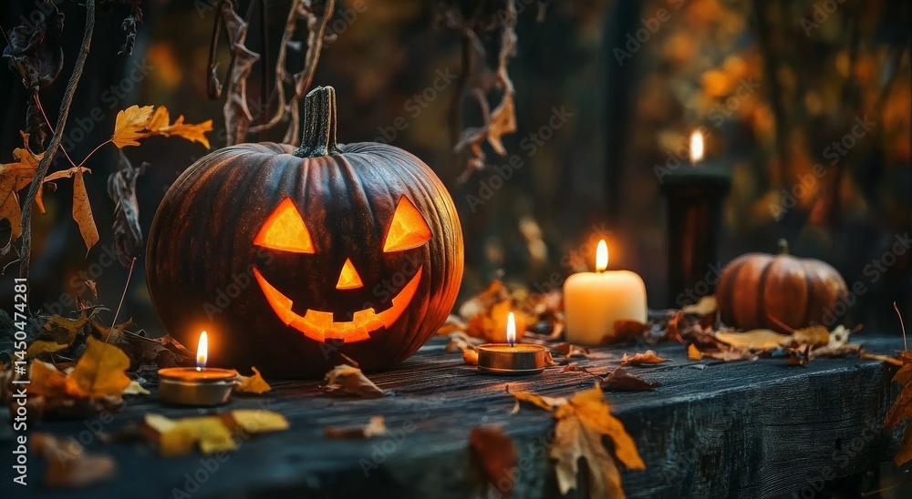Halloween Pumpkin with Candles and Autumn Leaves on Wooden Table in Forest at Night. High Quality Photo, HD, High Resolution, Very Detailed, Hyper Realistic, Super Realistic, Photorealistic, Warm Ligh Halloween Pumpkin with Candles and Autumn Leaves on Wooden Table in Forest at Night. High Quality Photo, HD, High Resolution, Very Detailed, Hyper Realistic, Super Realistic, Photorealistic, Warm Ligh