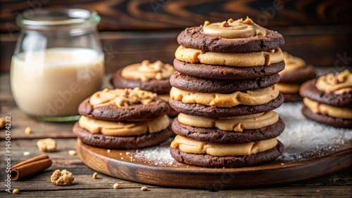 Wallpaper Mural Chocolate Cookies with Creamy Peanut Butter Filling and a Glass of Milk on a Rustic Wooden Background Torontodigital.ca