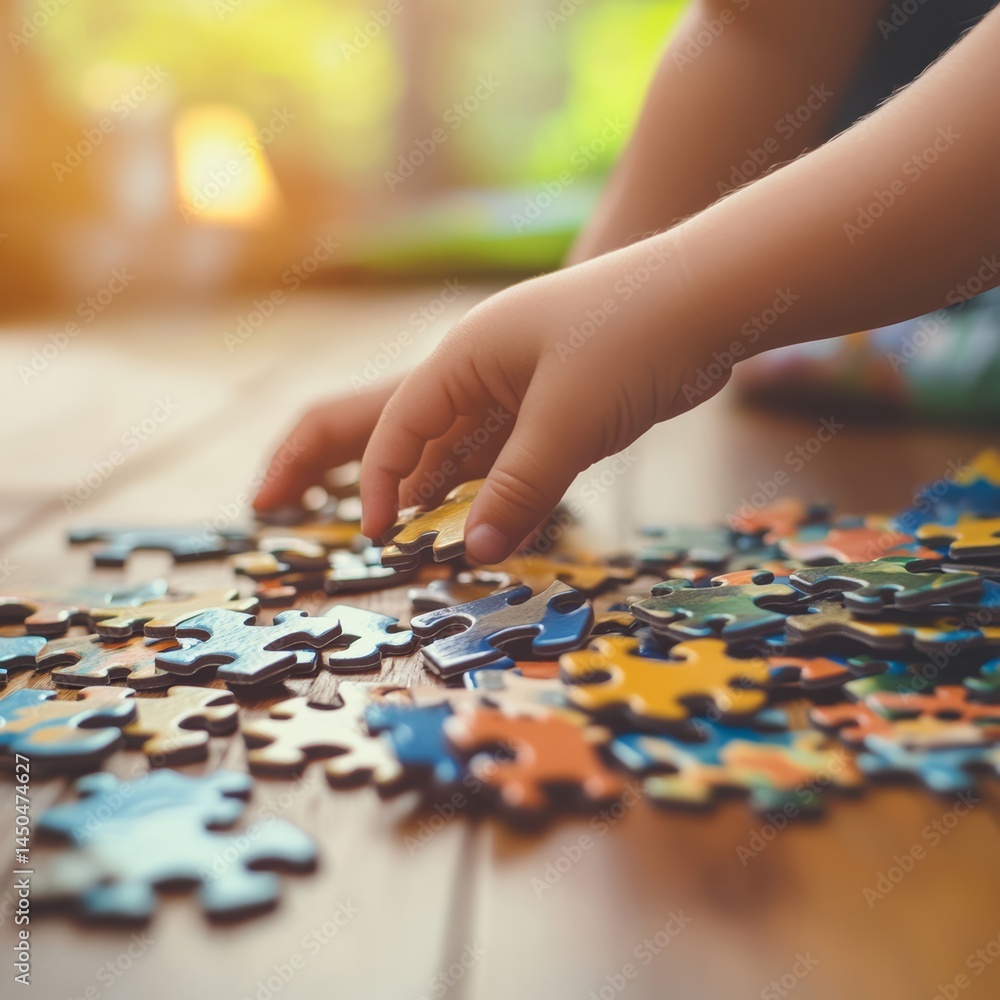 Fototapeta premium Child's Hand Putting Puzzle Piece