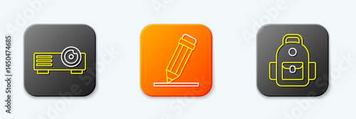 Set line Movie, film, media projector, Pencil with eraser and School backpack icon. Vector