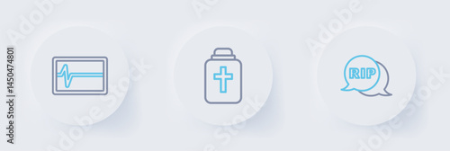 Set line Speech bubble rip death, Funeral urn and Beat dead in monitor icon. Vector