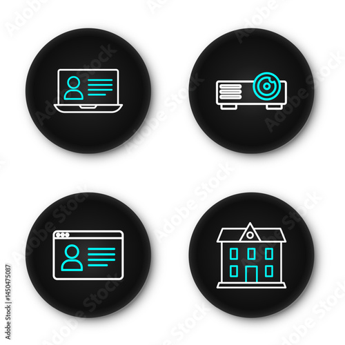 Set line School building, Online class, Movie, film, media projector and icon. Vector