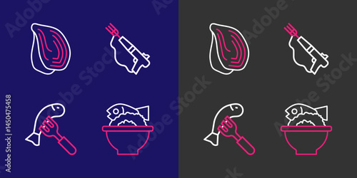 Set line Served fish on a bowl, plate, Fishing harpoon and Mussel icon. Vector