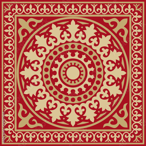 Vector gold and red square classic byzantine ornament. Rectangle, border, Ancient Greece, Eastern Roman Empire frame. Decoration of the Russian Orthodox Church
