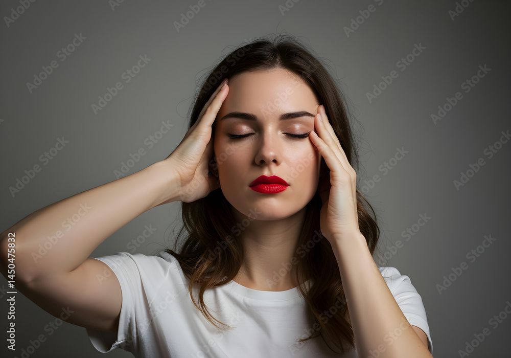 tired woman with long brown hair suffering from stress headache holding forehead with closed eyes
tired woman with long brown hair suffering from stress headache holding forehead with closed eyes