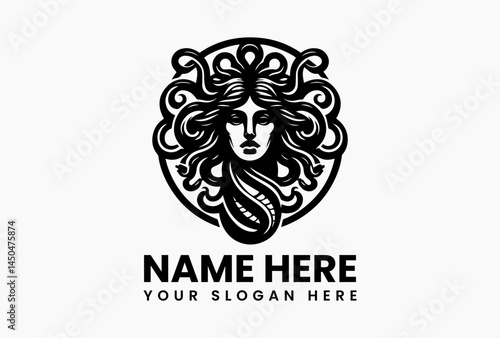 Artistic vector logo of Medusa with snake-covered head, mythological gorgon symbol isolated on white background for ancient, mystical, and fantasy branding  