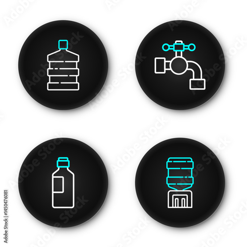 Set line Water cooler, Bottle of water, tap and Big bottle with clean icon. Vector