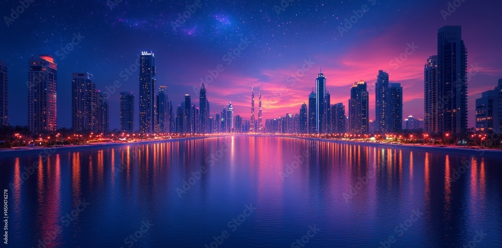 Obraz premium Urban Sunset Reflections Dubai Cityscape Photography Evening Panoramic View Aesthetic Beauty