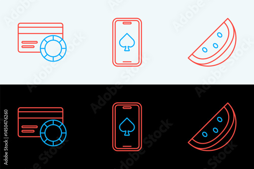 Set line Casino slot machine with watermelon, Credit card and Online poker table game icon. Vector