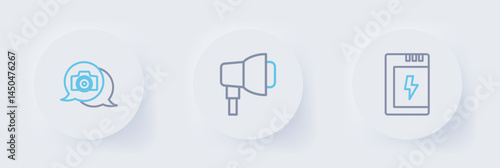 Set line Battery for camera, Softbox light and Photo icon. Vector