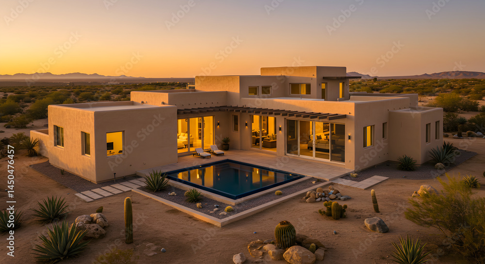Fototapeta premium Contemporary Desert Residence with Pool at Sunset Overlooking the Valley