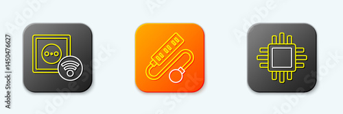 Set line Smart electrical outlet, Electric extension cord and Processor with CPU icon. Vector