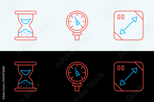Set line Diagonal measuring, Old hourglass with sand and Pressure water meter icon. Vector