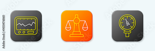 Set line Measuring instrument, Scales of justice and Pressure water meter icon. Vector