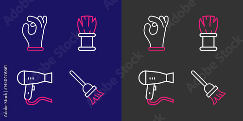 Set line Mop, Hair dryer, Shaving brush and Medical rubber gloves icon. Vector