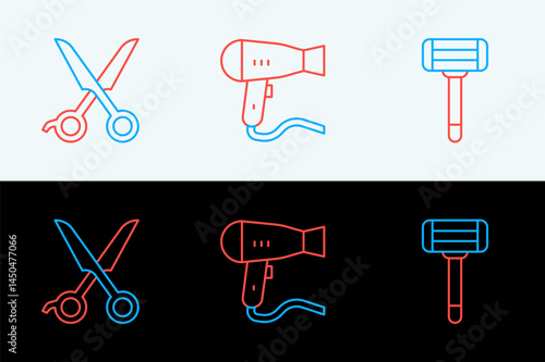 Set line Shaving razor, Scissors hairdresser and Hair dryer icon. Vector