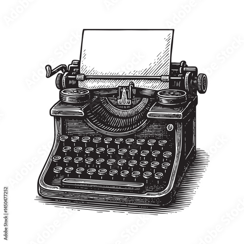 Mechanical typewriter woodcut engraving vector illustration