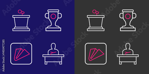 Set line Schoolboy sitting at desk, Paper airplane, Award cup and Stage stand icon. Vector