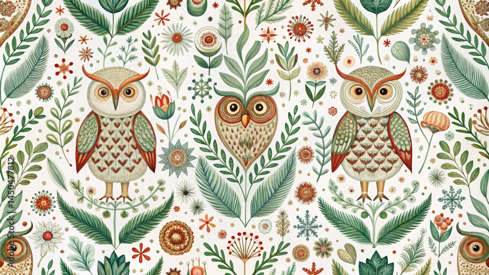 Folk art seamless pattern with stylized owls, flowers, and leaves. Use for children's decor, fabric design, or nature-themed websites. Folk art seamless pattern with stylized owls, flowers, and leaves. Use for children's decor, fabric design, or nature-themed websites.