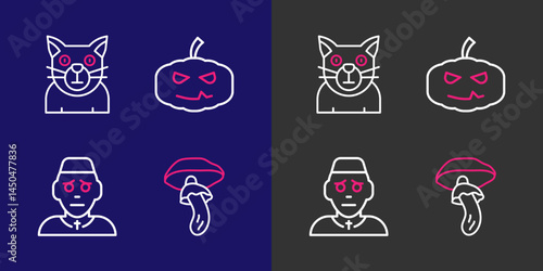 Set line Psilocybin mushroom, Priest, Pumpkin and Cat icon. Vector
