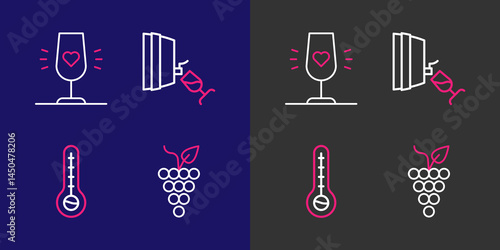 Set line Bunch of grapes, Meteorology thermometer, Wine tasting, degustation and glass icon. Vector