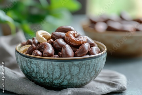 Chocolate covered cashews in bowl on a white background