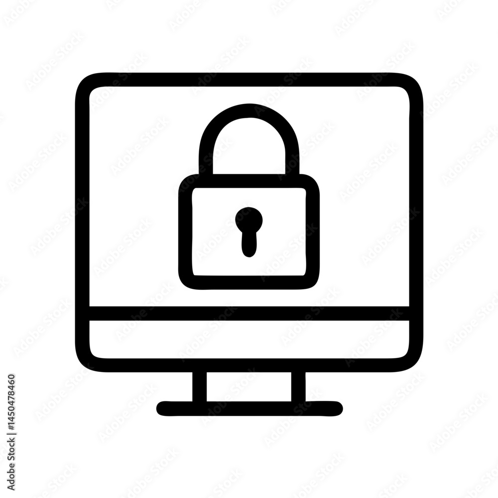 Computer security icon with padlock on monitor screen. Use for cybersecurity, login pages, and data protection information. Computer security icon with padlock on monitor screen. Use for cybersecurity, login pages, and data protection information.