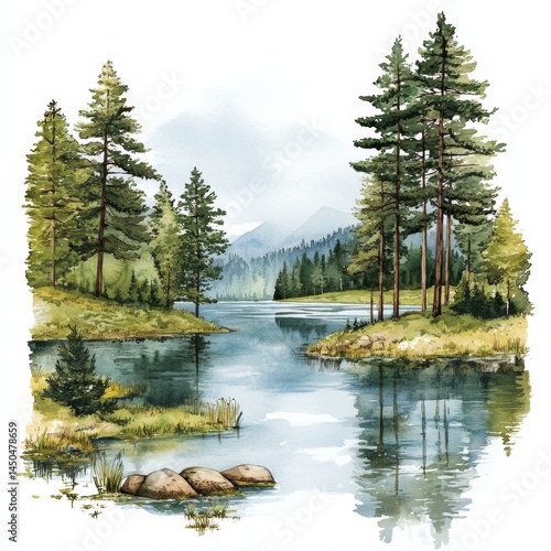 Serene Reflection of Pine Trees Over a Lake in Nature watercolor style on white background
