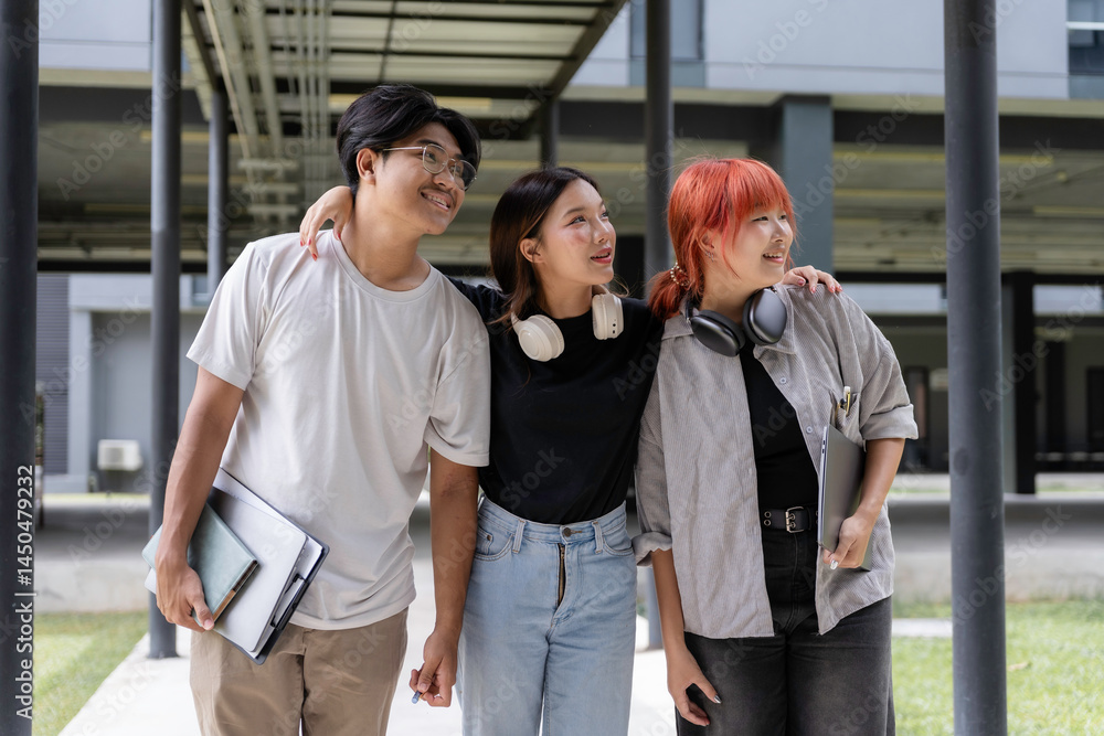 Obraz premium Three cheerful asian students walking together on campus after class, carrying laptops and notebooks