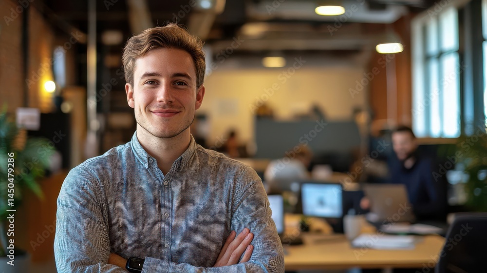 Fototapeta premium Confident startup founder in co-working space video chatting