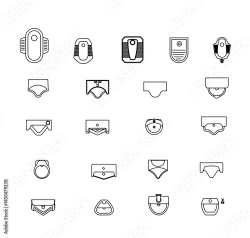 Icon pack featuring top view illustrations of bidet and WC designs. Perfect for bathroom design projects, interior design apps, or digital platforms in need of modern, minimalist icons.