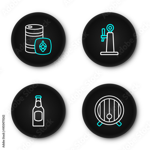 Set line Wooden barrel, Beer bottle, tap and Metal beer keg icon. Vector