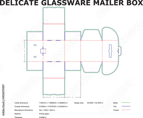 Detailed blueprint illustration of a delicately designed glassware mailer box plan with dimensions and specifications clearly shown