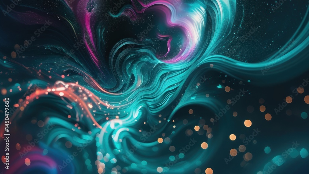 Abstract swirling nebula with vibrant teal, pink, and orange hues, speckled with glowing particles Abstract swirling nebula with vibrant teal, pink, and orange hues, speckled with glowing particles