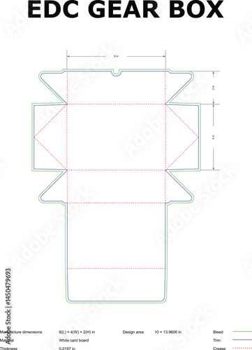 Die-cut template for a cardboard edc gear box featuring dimensions and crease lines for precise folding and assembly suitable for packaging.