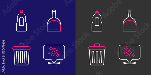 Set line Home cleaning service, Trash can, Dustpan and Dishwashing liquid bottle icon. Vector