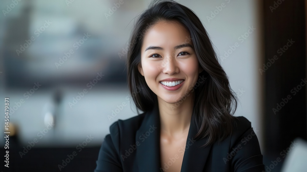 Professional Asian woman smiling during a remote video meeting Professional Asian woman smiling during a remote video meeting