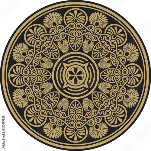 Vector gold with black classic Greek round ornament. Circle of Ancient Greece and the Roman Empire. Byzantine painting of walls, floors and ceilings. Decoration of European palaces.
