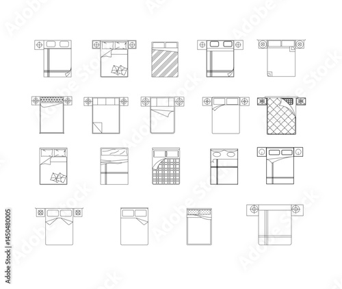 A set of detailed vector icons displaying double beds from a top view perspective. Perfect for digital interfaces, floor plans, and bedroom design applications.