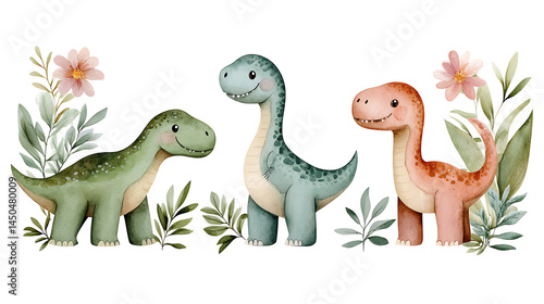 Fototapeta Naklejka Na Ścianę i Meble -  Realistic dinosaur illustration set isolated on background, hand-painted dino art, vintage watercolor style. Dinosaurs