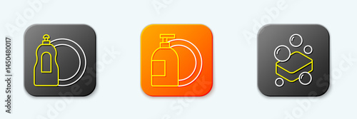 Set line Dishwashing liquid bottle, and Bar of soap icon. Vector
