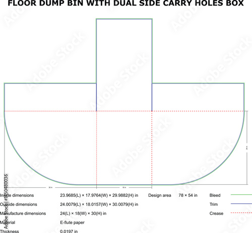 Technical blueprint of a floor dump bin packaging design displaying detailed dimensions and specifications for manufacturing.