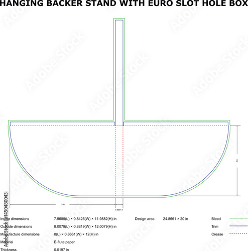 Detailed technical blueprint of a hanging backer stand with euro slot hole box showcasing dimensions and design specifications for manufacturing.