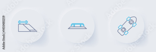 Set line Skateboard, stairs with rail and park icon. Vector