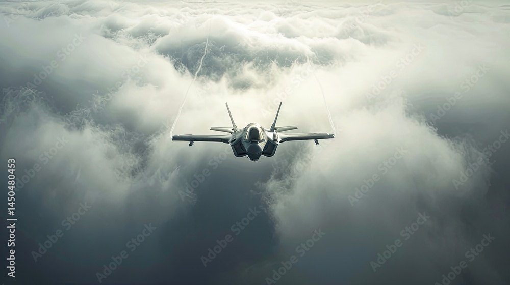 Un avion de chasse en vol au-dessus des nuages est de couleur grise. F-35 Lightning de Lockheed Martin Un avion de chasse en vol au-dessus des nuages est de couleur grise. F-35 Lightning de Lockheed Martin